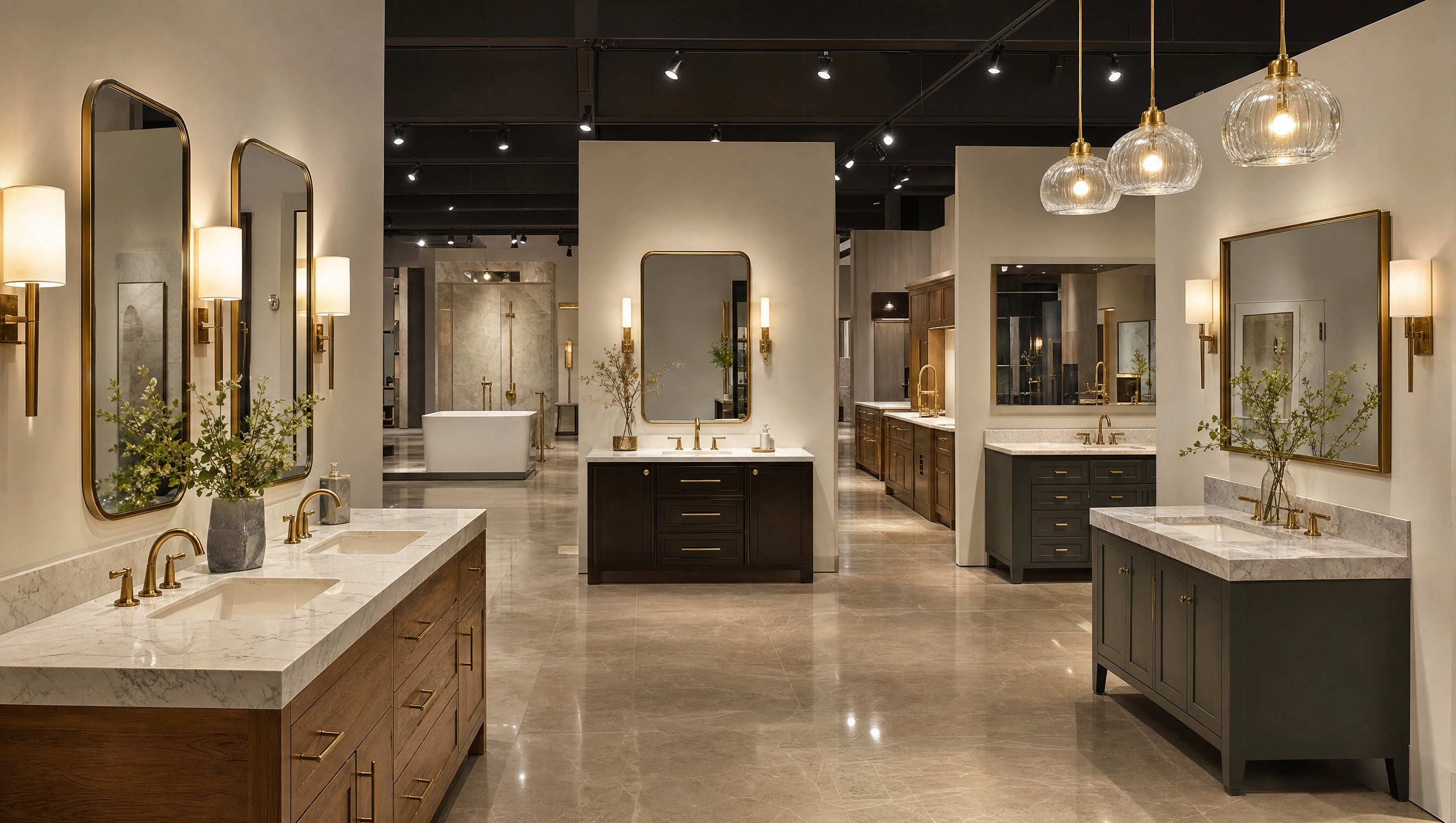 The ANVE Kitchen & Bath showroom on Route 4 in Paramus, New Jersey, where shoppers compare vanities, tops, and hardware finishes in person