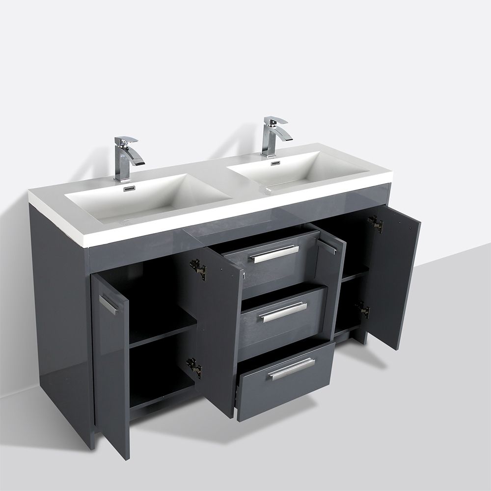 Eviva Lugano 60 In. Gray Modern Double Bathroom Vanity With White Integrated Acrylic Sink
