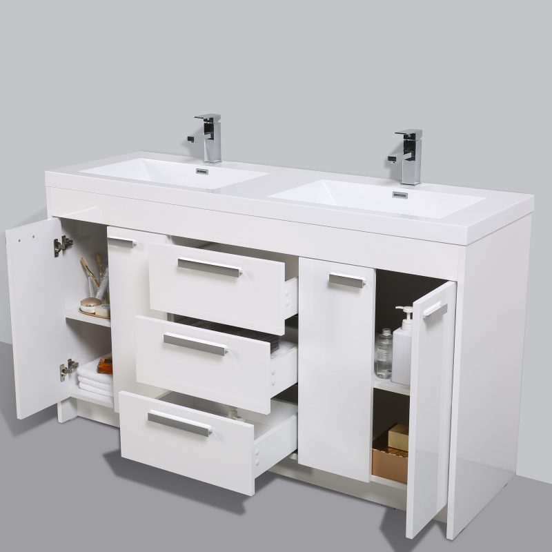 Eviva Lugano 60 In. White Modern Bathroom Vanity With White Integrated Acrylic Double Sink