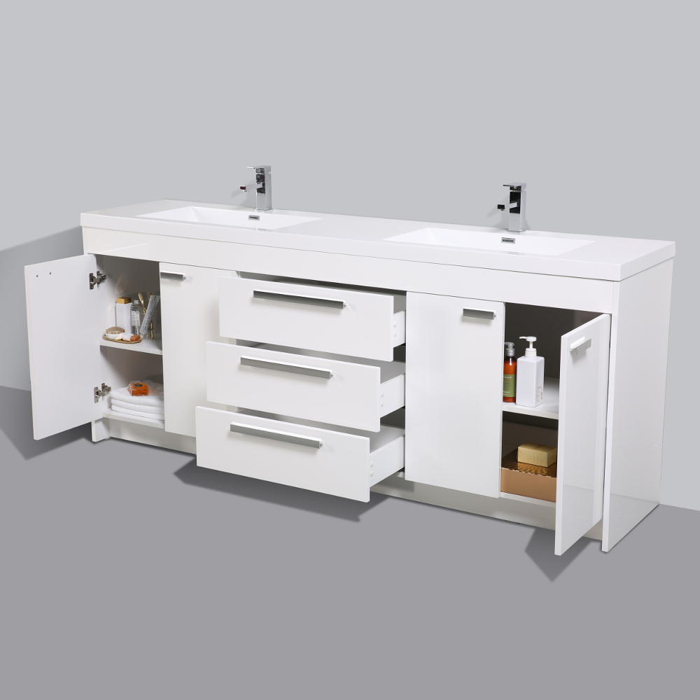 Eviva Lugano 84 In. White Modern Bathroom Vanity With White Integrated Acrylic Double Sink