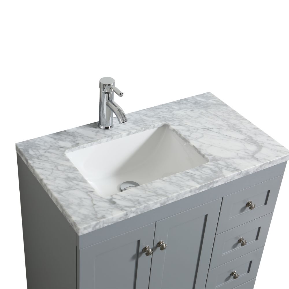 Eviva Happy 30 in. X 18 in. Transitional Grey Bathroom Vanity With White Carrera Marble Countertop
