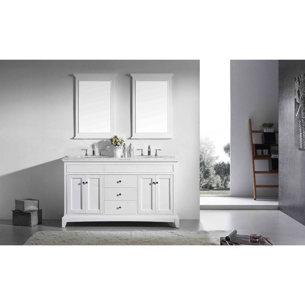 Eviva Elite Stamford 60 In. White Solid Wood Bathroom Vanity Set With Double Og White Carrera Marble Top and White Undermount Porcelain Sinks