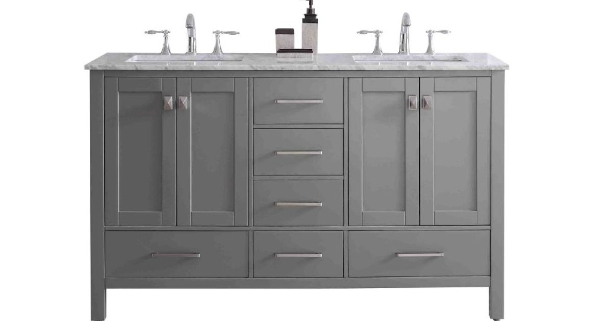 Eviva Aberdeen 60 Transitional Grey Bathroom Vanity with White Carrera  Countertop & Double Square Sinks