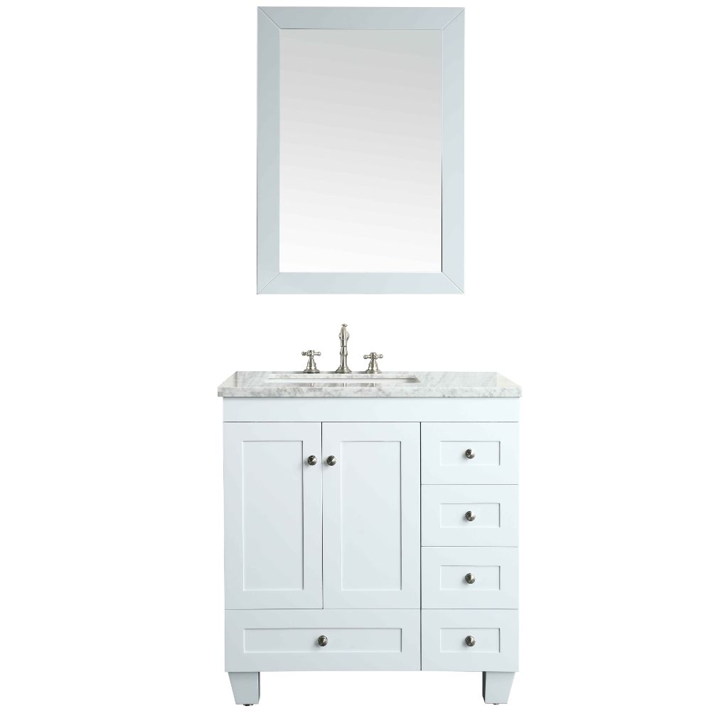 Eviva Acclaim C. 30 In. Transitional White Bathroom Vanity With White Carrera Marble Countertop