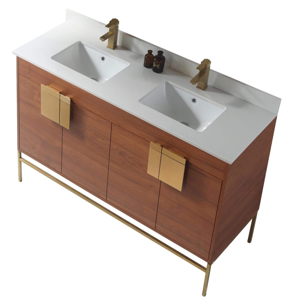 Shawbridge 60" Modern Double Bathroom Vanity  Spicy Walnut with Satin Brass Hardware