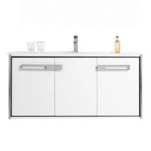 Oakville 42" Wall Mount Bath Vanity In Matte White With Chrome Hardware And Ceramic Top