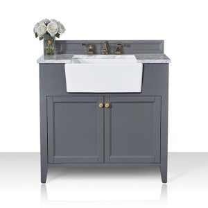 Adeline 36 in. Bath Vanity Set in Sapphire Gray with Italian Carrara White Marble Vanity Top and White Undermount Basin with Gold Hardware