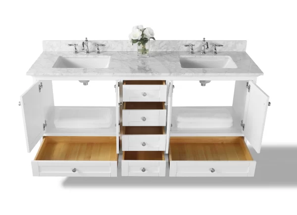 Audrey 72 in. Bath Vanity Set in White with Brushed Nickel Hardware