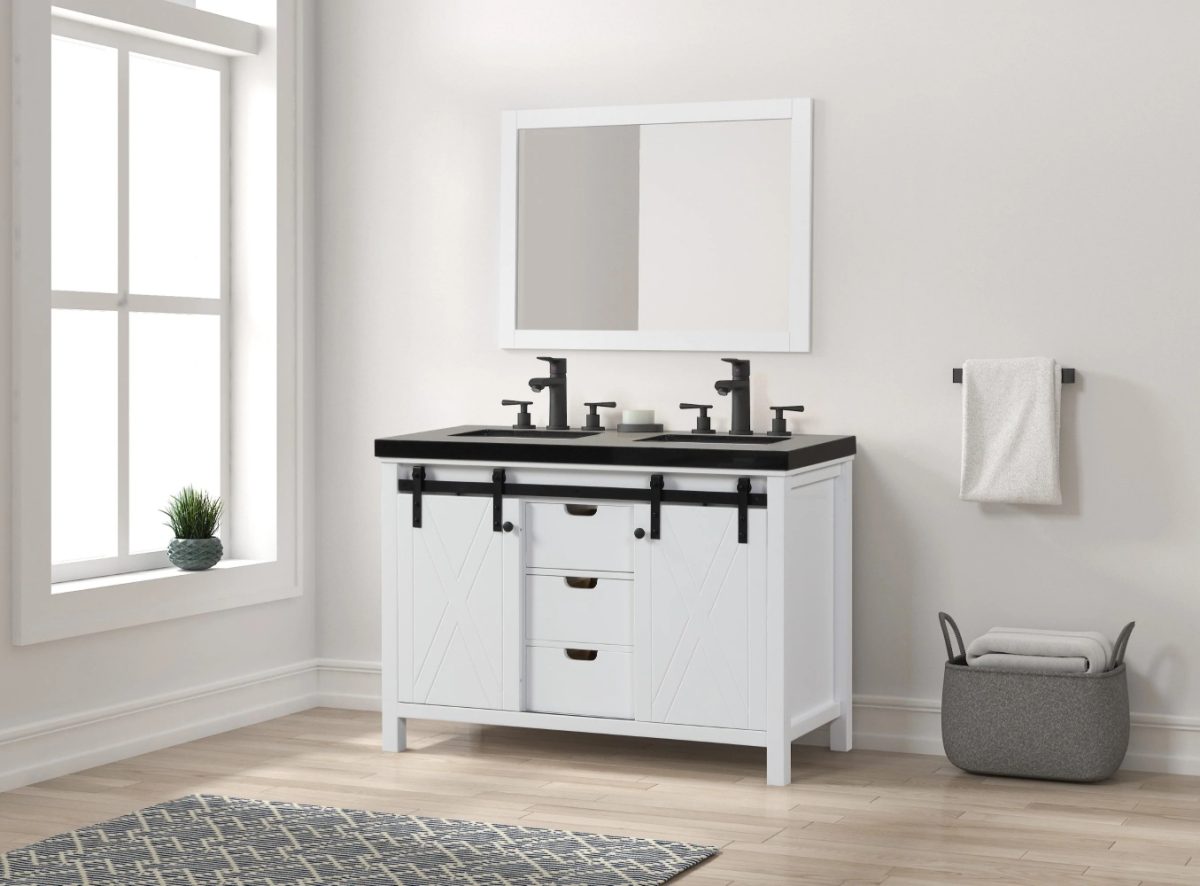 Dallas 48″ Double Bathroom Vanity in White with Black Granite Top