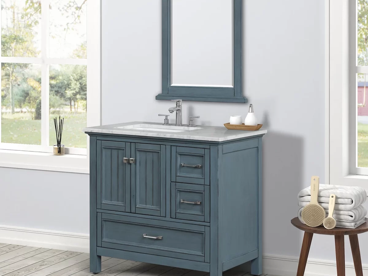 Eviva Navy 36 Deep Blue Transitional Bathroom Vanity w/ White Carrara