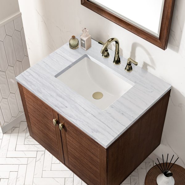Amberly 30" Bathroom Vanity In Mid-Century Walnut With Arctic Fall Top