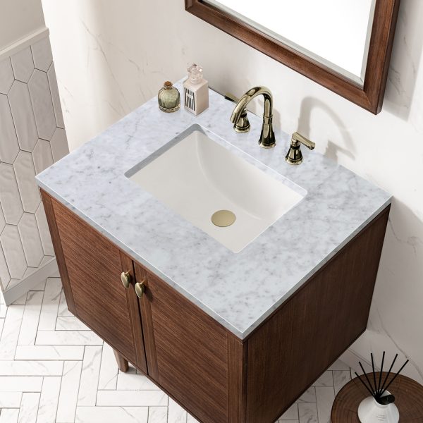 Amberly 30" Bathroom Vanity In Mid-Century Walnut With Carrara Marble Top