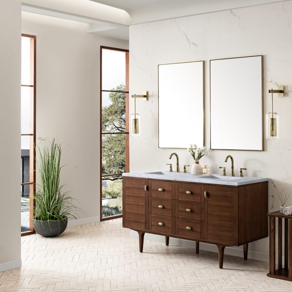 Amberly 60" Double Vanity In Mid-Century Walnut With Carrara Marble Top