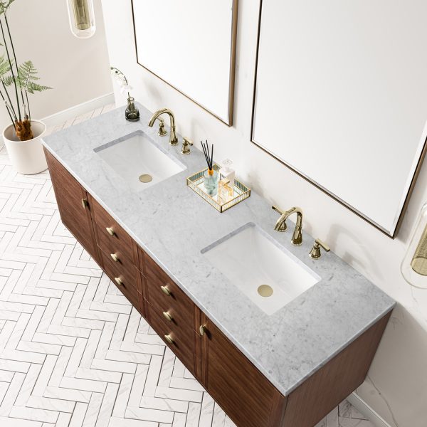 Amberly 72" Double Vanity In Mid-Century Walnut With Carrara Marble Top