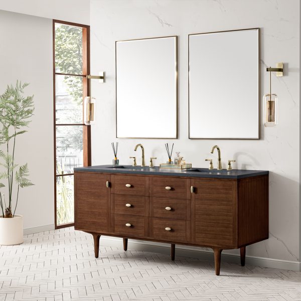 Amberly 72" Double Vanity In Mid-Century Walnut With Charcoal Soapstone Top