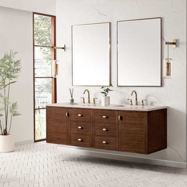 Amberly 72" Double Vanity In Mid-Century Walnut With Eternal Marfil Top