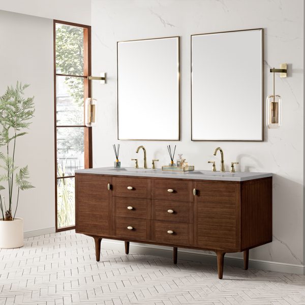 Amberly 72" Double Vanity In Mid-Century Walnut With Eternal Serena Top
