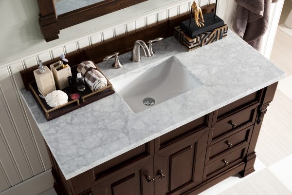 Brookfield 48 inch Bathroom Vanity in Burnished Mahogany With Carrara Marble Top Top
