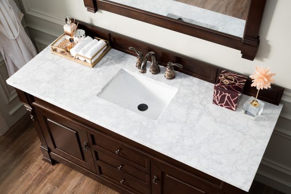Brookfield 60 inch Single Bathroom Vanity in Burnished Mahogany With Carrara Marble Top Top