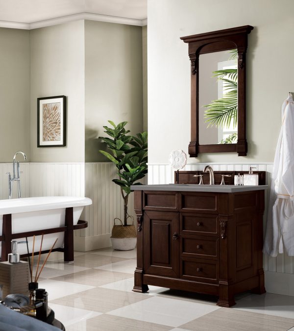 Brookfield 36 inch Bathroom Vanity in Burnished Mahogany With Grey Expo Quartz Top