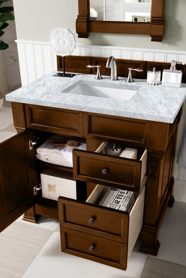 Brookfield 36 inch Bathroom Vanity in Country Oak With Carrara Marble Top Top