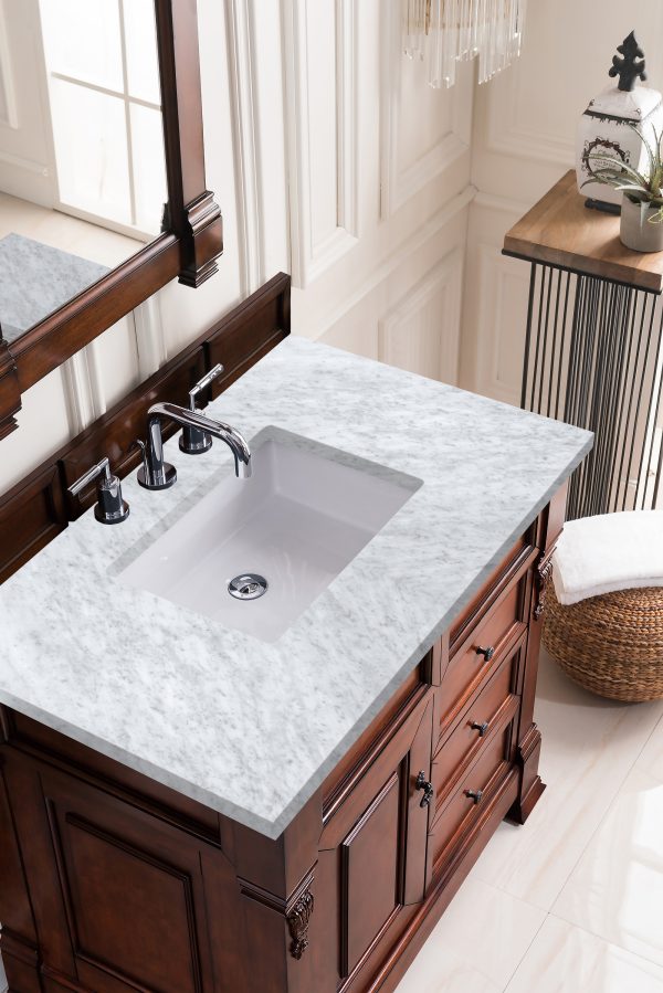 Brookfield 36 inch Bathroom Vanity in Warm Cherry With Carrara Marble Top Top