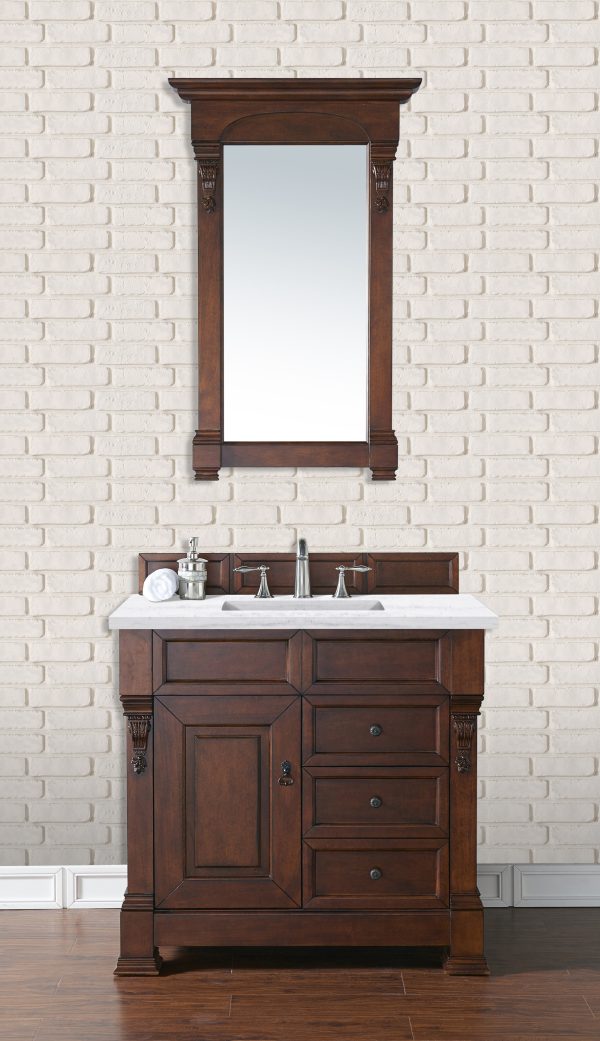 Brookfield 36 inch Bathroom Vanity in Warm Cherry With Eternal Jasmine Pearl Quartz Top
