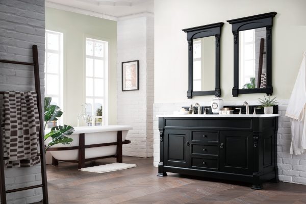 Brookfield 60 inch Double Bathroom Vanity in Antique Black With Eternal Jasmine Pearl Quartz Top