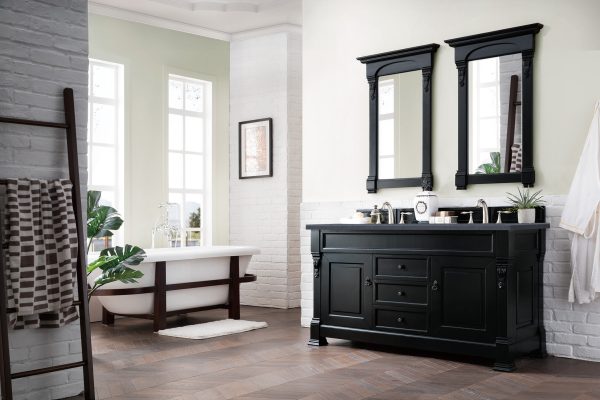 Brookfield 60 inch Double Bathroom Vanity in Antique Black With Charcoal Soapstone Quartz Top