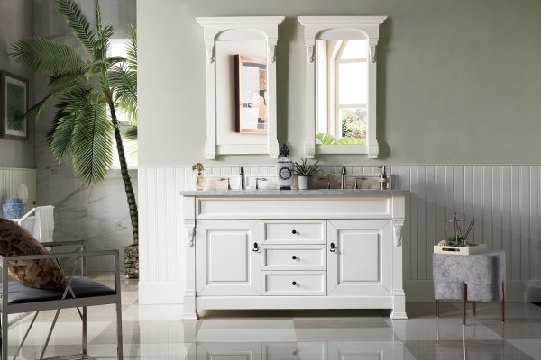 Brookfield 60 inch Double Bathroom Vanity in Bright White With Carrara Marble Top Top