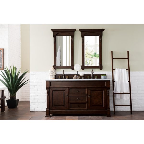 Brookfield 60 inch Double Bathroom Vanity in Burnished Mahogany With Carrara Marble Top Top