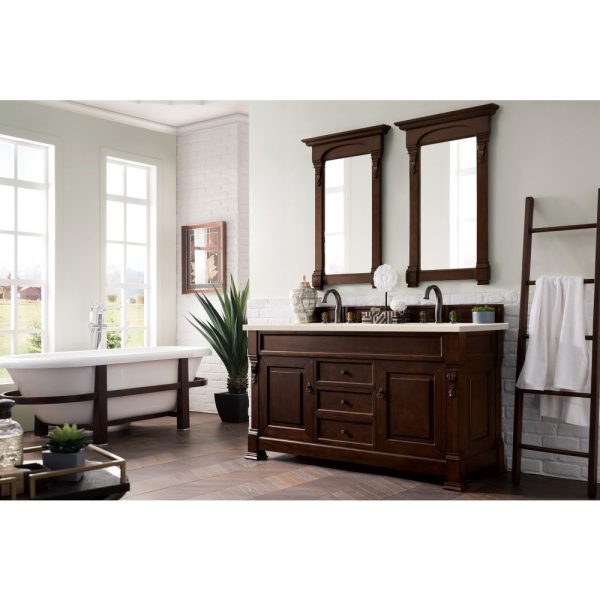 Brookfield 60 inch Double Bathroom Vanity in Burnished Mahogany With Eternal Marfil Quartz Top
