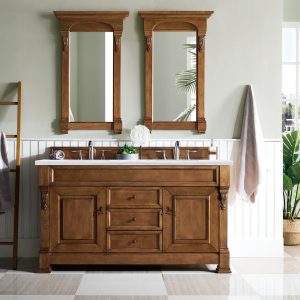 Brookfield 60 inch Double Bathroom Vanity in Country Oak With Arctic Fall Quartz Top
