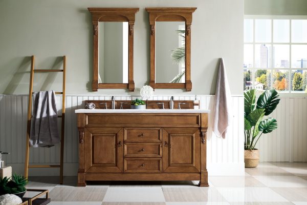 Brookfield 60 inch Double Bathroom Vanity in Country Oak With Arctic Fall Quartz Top