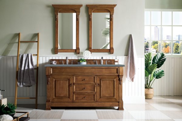 Brookfield 60 inch Double Bathroom Vanity in Country Oak With Cala Blue Quartz Top