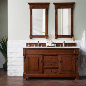 Brookfield 60 inch Double Bathroom Vanity in Warm Cherry With Arctic Fall Quartz Top