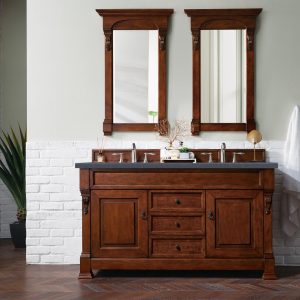 Brookfield 60 inch Double Bathroom Vanity in Warm Cherry With Charcoal Soapstone Quartz Top