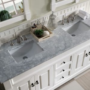 Brookfield 72 inch Double Bathroom Vanity in Bright White With Carrara Marble Top Top