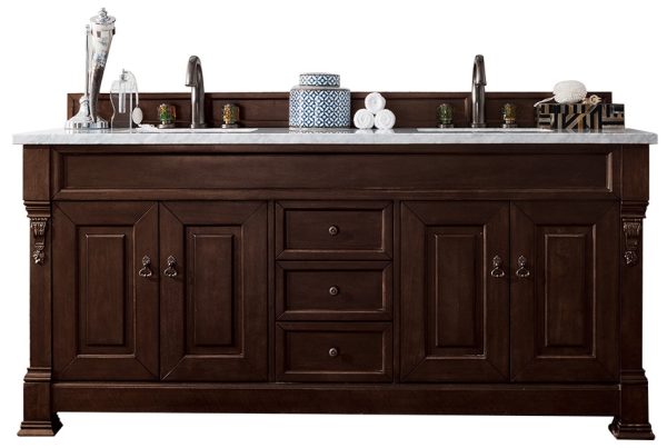 Brookfield 72 inch Double Bathroom Vanity in Burnished Mahogany With Arctic Fall Quartz Top