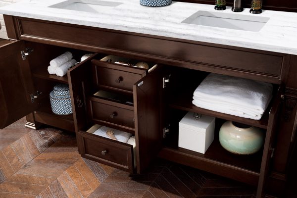 Brookfield 72 inch Double Bathroom Vanity in Burnished Mahogany With Arctic Fall Quartz Top