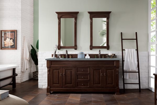 Brookfield 72 inch Double Bathroom Vanity in Burnished Mahogany With Cala Blue Quartz Top