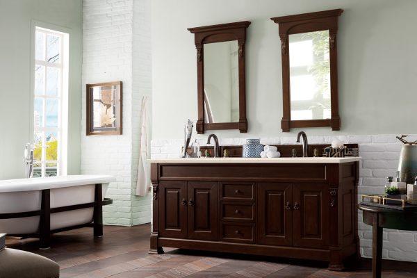 Brookfield 72 inch Double Bathroom Vanity in Burnished Mahogany With Eternal Marfil Quartz Top