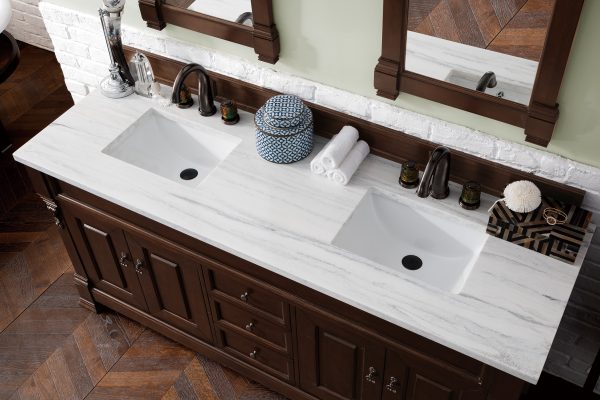 Brookfield 72 inch Double Bathroom Vanity in Burnished Mahogany With Arctic Fall Quartz Top