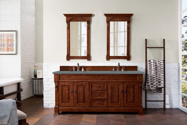 Brookfield 72 inch Double Bathroom Vanity in Warm Cherry With Cala Blue Quartz Top