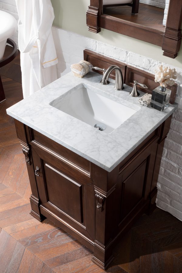 Brookfield 26 inch Bathroom Vanity in Burnished Mahogany With Carrara Marble Top