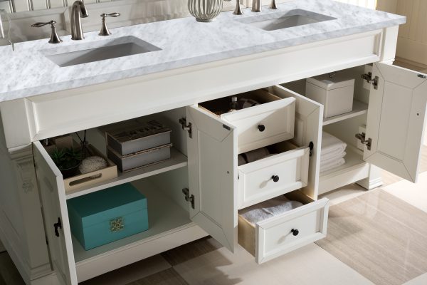 Brookfield 72 inch Double Bathroom Vanity in Bright White With Carrara Marble Top Top