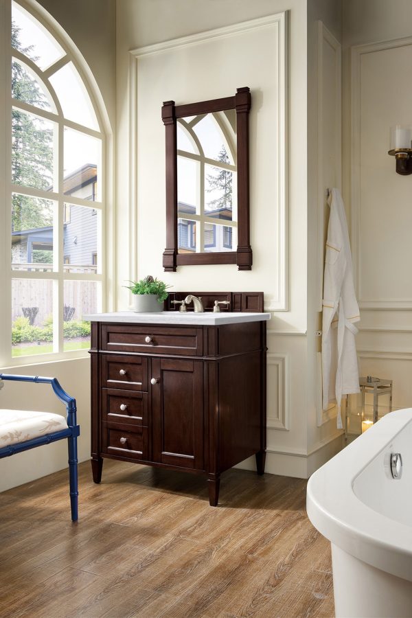 Brittany 30 inch Bathroom Vanity in Burnished Mahogany With Arctic Fall Quartz Top
