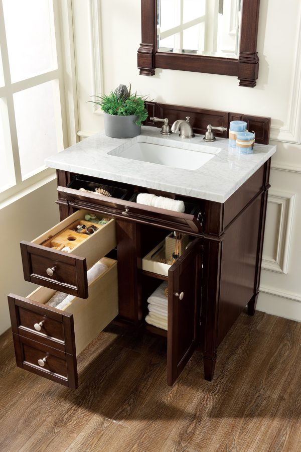 Brittany 30 inch Bathroom Vanity in Burnished Mahogany With Carrara Marble Top Top