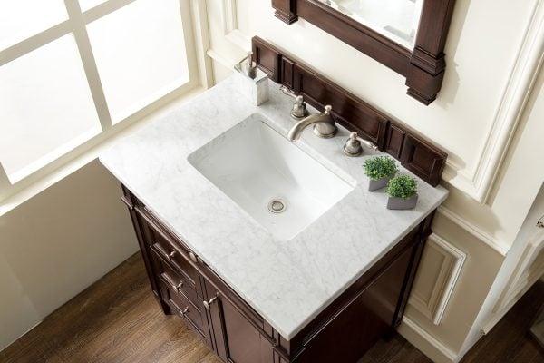 Brittany 30 inch Bathroom Vanity in Burnished Mahogany With Carrara Marble Top Top