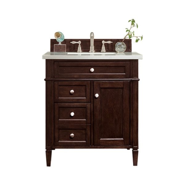 Brittany 30 inch Bathroom Vanity in Burnished Mahogany With Carrara Marble Top Top